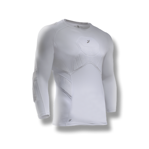 Soccer-goalkeeper compression style shirt with padded/protection on elbows, chest, shoulders and ribs. 3/4 length white color